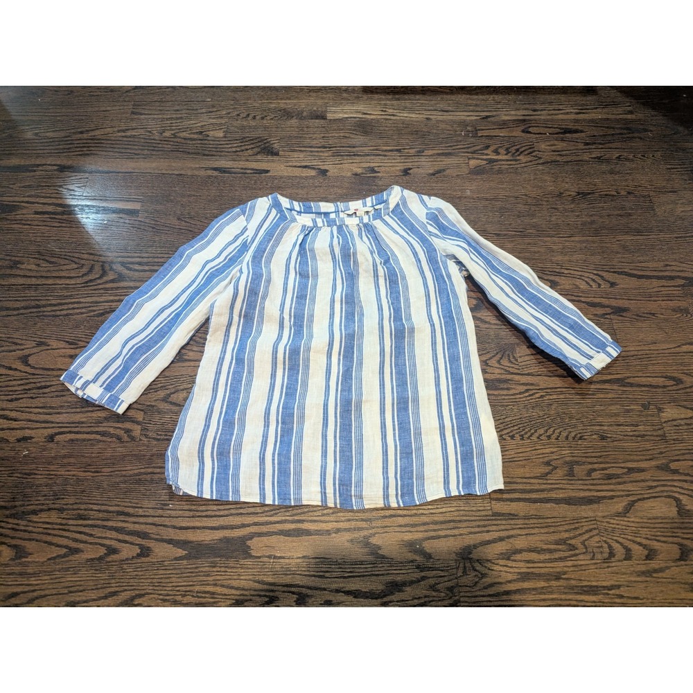 Boden Button Back Katie Linen Top Blouse Women's 6 Blue Striped Shirt 3/4 Sleeve